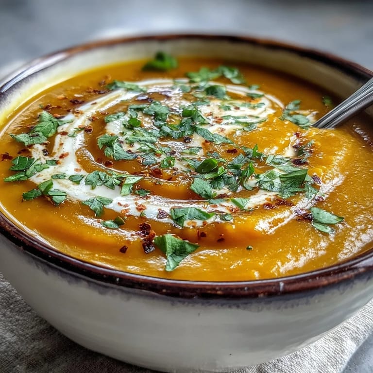 Creamy butternut squash and lentil soup served warm with crusty bread alongside, perfect for a comforting vegan dinner.