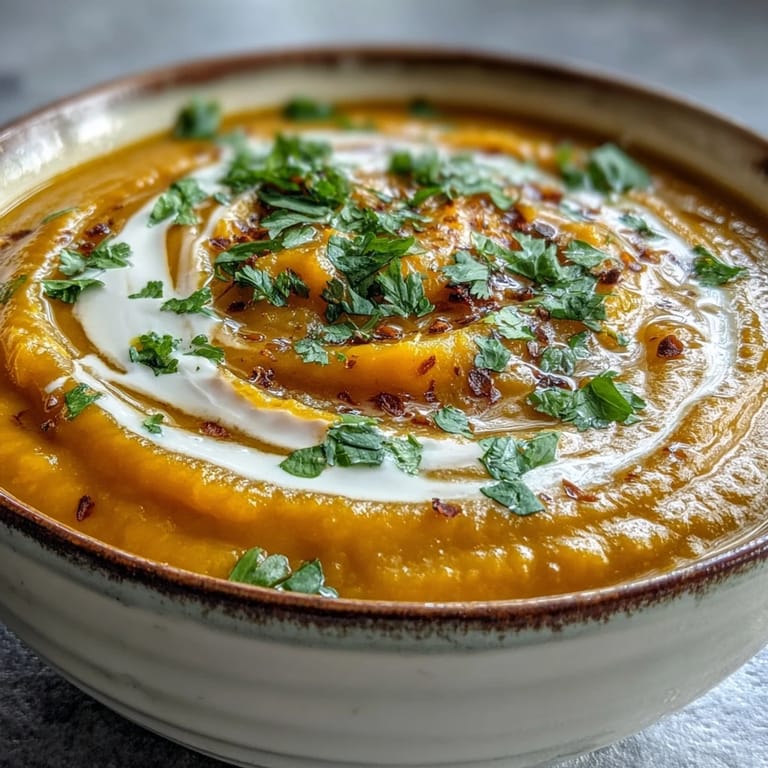 Smooth, spiced butternut squash and lentil soup in a white bowl, steam rising and a ladle ready to serve.