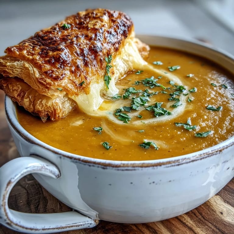 Silky blended soup with roasted vegetables next to a flaky brie and cheddar filled pastry.