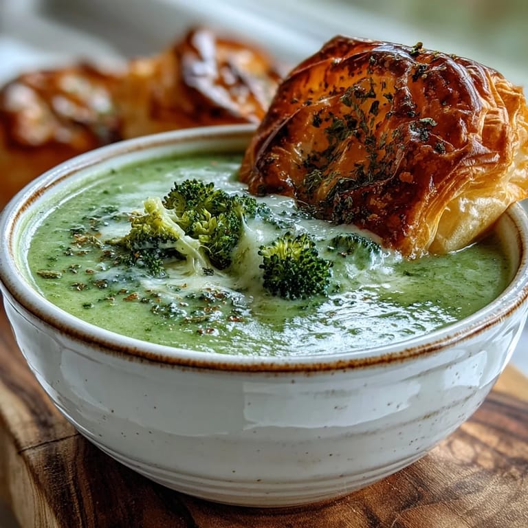 Creamy broccoli and butternut squash soup served with a side of warm golden puff pastry.