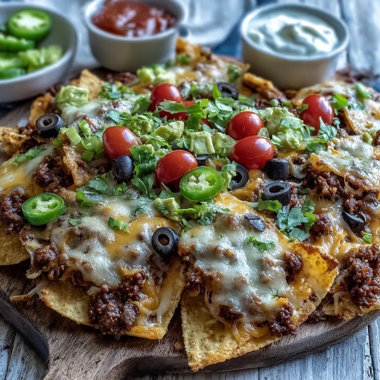 A loaded platter of baked nachos topped with tomatoes, jalapeños, olives, and creamy avocado.