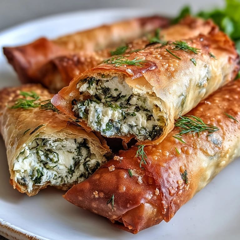 Steam rising from freshly fried Spanakopita Spring Rolls on a rustic wooden board, highlighting their crunchy texture.