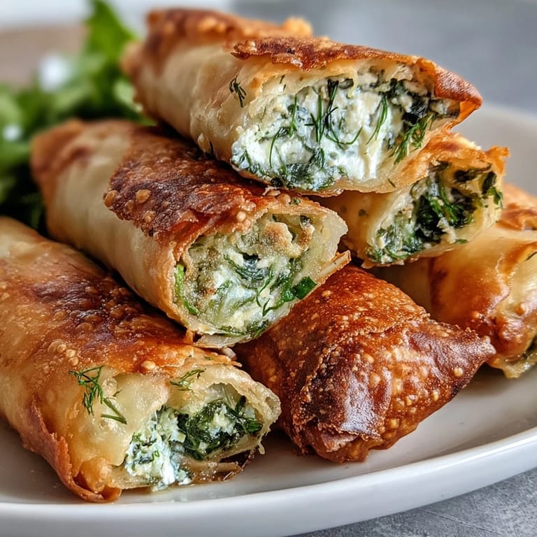 A stack of crispy Spanakopita Spring Rolls with a side of yogurt-dill dip and lemon wedges.