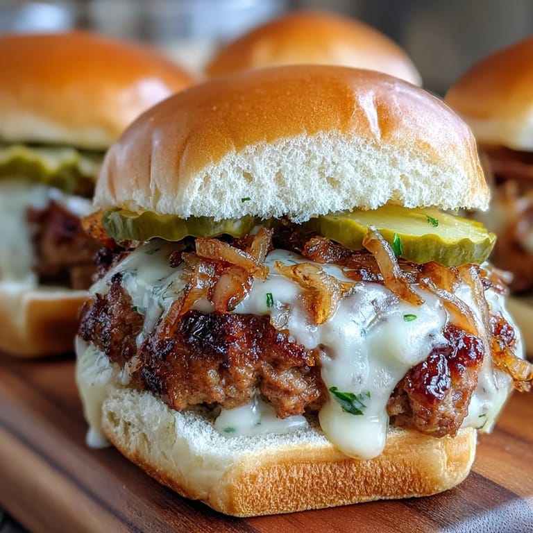 Toasted slider buns hold juicy bratwurst patties topped with tangy pickles and melted cheese.