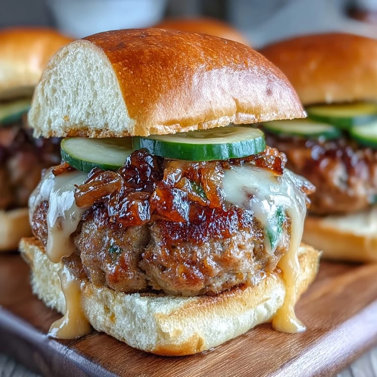 Freshly baked Touchdown Brat Sliders with melted beer cheese, caramelized onions, and pickles.