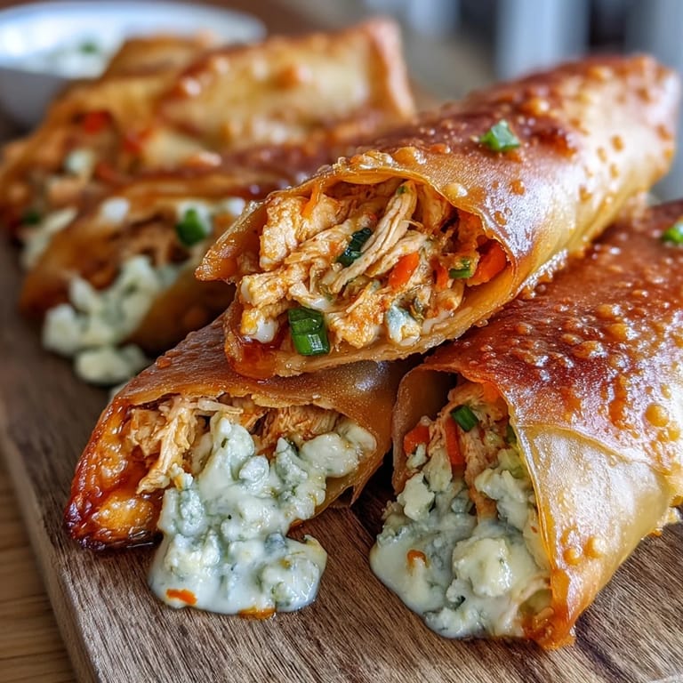 Freshly fried Buffalo Chicken Egg Rolls overflowing with spicy chicken, creamy cheese, and crunchy vegetables.