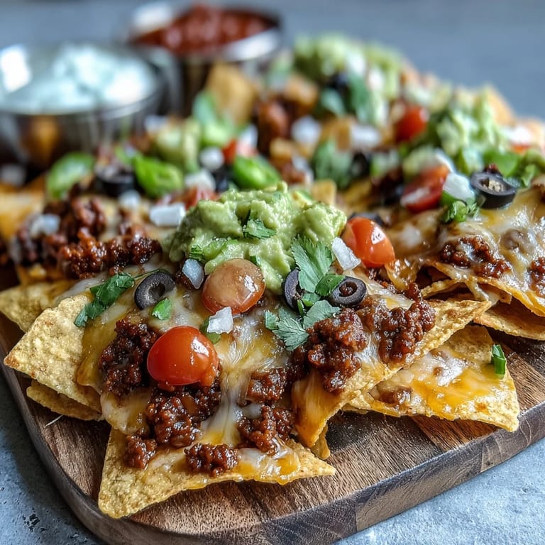 Piled high with beef, cheddar, and Monterey Jack, these hot baked nachos are bubbling fresh.