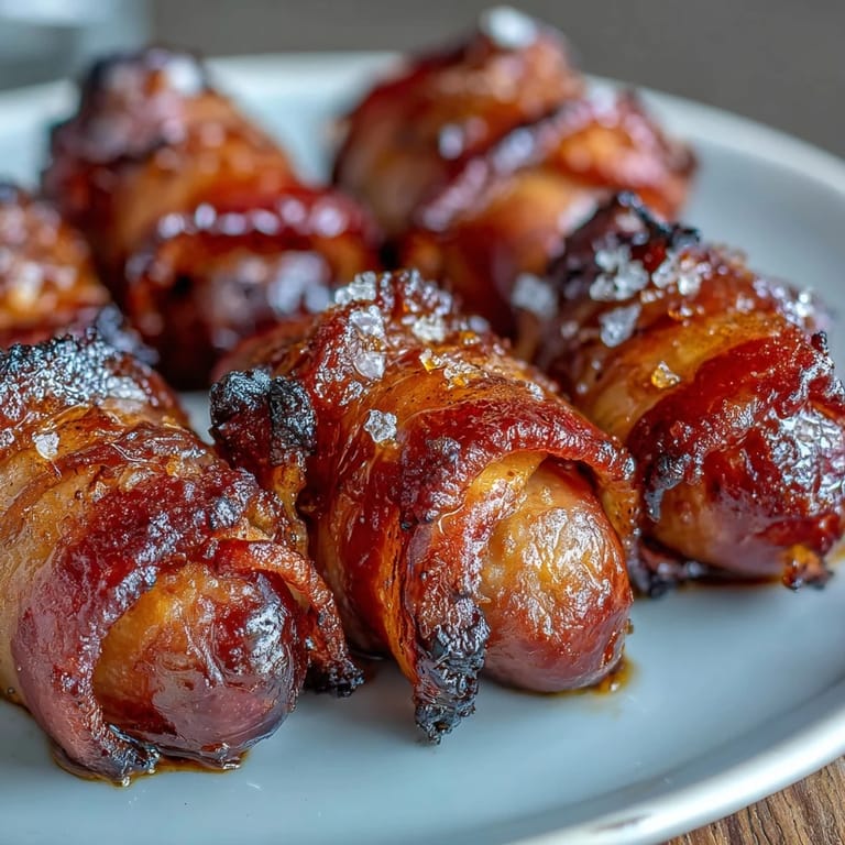 Golden brown Bacon-Wrapped Smokies fresh from the oven, sticky and sweet.