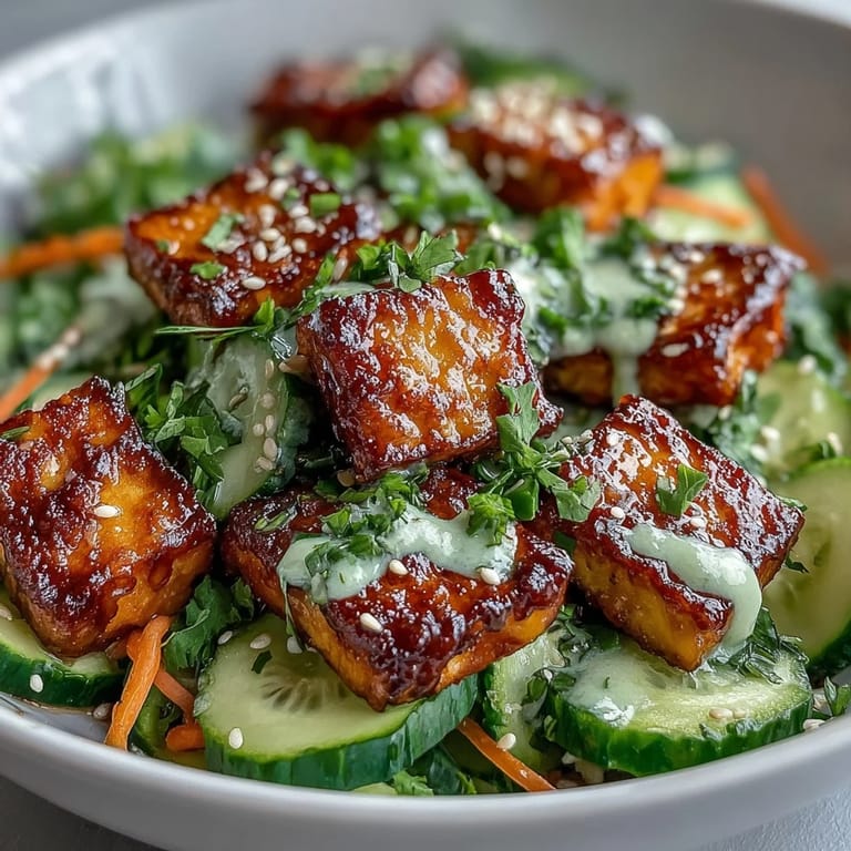 A close-up of golden, ultra-crispy tofu paired with crunchy vegetables and a drizzle of chili oil in a vibrant bowl.