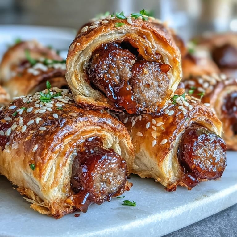 Pepper Jelly Hogs in a Blanket arranged on a rustic wooden board with chive garnish.