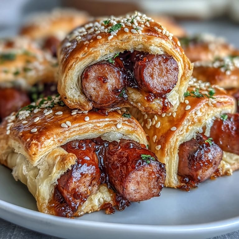 Five savory Pepper Jelly Hogs in a Blanket served warm with a side of extra jelly.