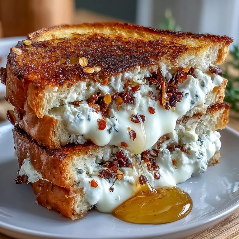 Close-up of a halved Goat Cheese Grilled Cheese with Honey & Chili Flakes, showing melted cheese and fresh thyme garnish.