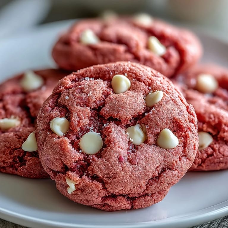 Platter of vibrant Pink Velvet Cookies studded with creamy white chocolate chips, perfect for parties.