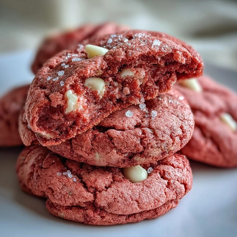 Pink Velvet Cookies with tender crumb and white chocolate chunks, ideal for sweet snacking.