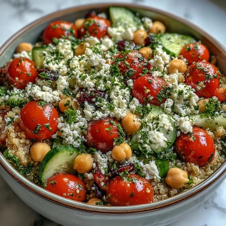 This fresh Mediterranean-inspired High Protein Quinoa & Chickpea Salad is perfect for meal prep.