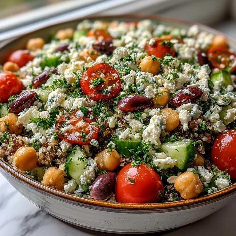 Close-up of High Protein Quinoa & Chickpea Salad dressed in lemon vinaigrette and herbs.