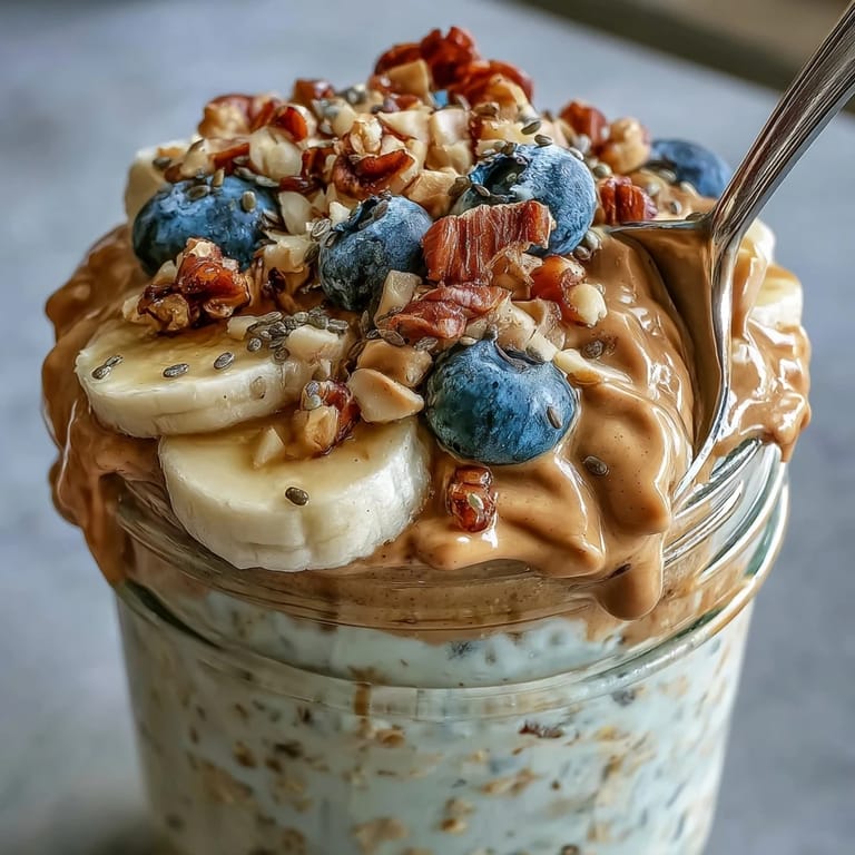 Spooning into creamy High-Protein Peanut Butter Overnight Oats garnished with sliced banana and chopped peanuts.