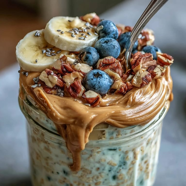 Close-up of creamy High-Protein Peanut Butter Overnight Oats in a glass jar with a honey drizzle.