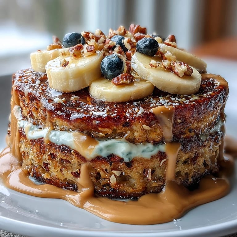 Golden Protein Pancake Bowl features a thick, fluffy base made with oats and banana, piled high with crunchy granola and nut butter.