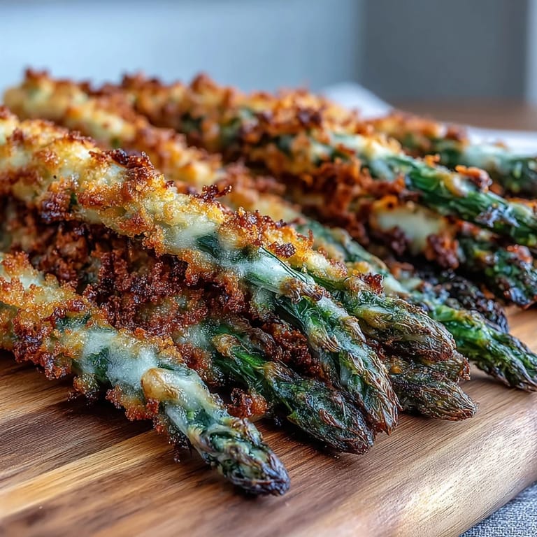 Four servings of Crispy Asparagus Asiago Spears on a platter with a creamy dipping sauce.