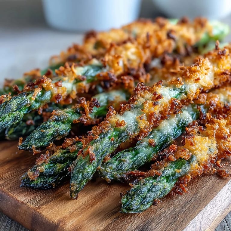 Fresh Crispy Asparagus Asiago Spears with a golden panko crust, ready to be enjoyed hot.
