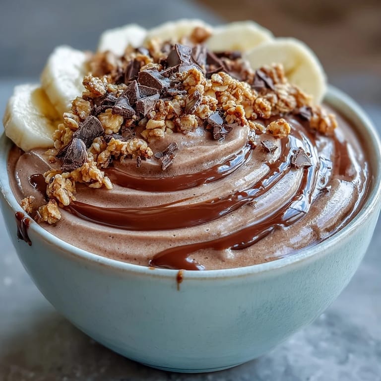 This vegan-friendly Chocolate Peanut Butter Smoothie Bowl is garnished with a peanut butter drizzle, sliced bananas, and crunchy granola.