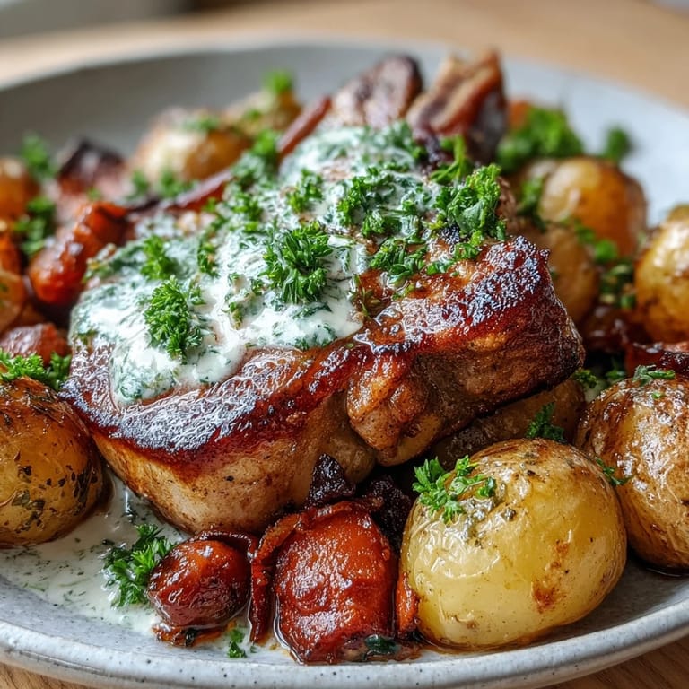 Golden-brown Crockpot Ranch Pork Chops smothered in a velvety ranch sauce with slow-cooked carrots and potatoes on a skillet.