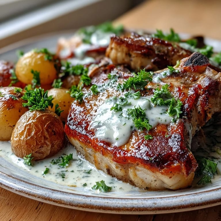 Hearty Crockpot Ranch Pork Chops plated alongside buttery potatoes and carrots, garnished with fresh parsley and drizzled with creamy sauce.