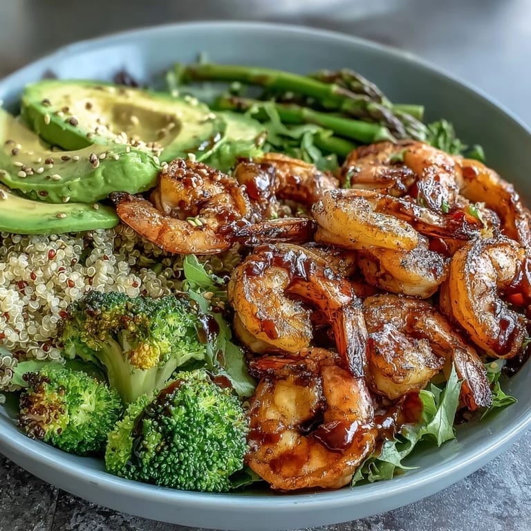 A nourishing Rainbow Vegetable Detox Bowl featuring juicy shrimp, vibrant red cabbage, fresh tomato, and a tangy balsamic olive oil dressing.