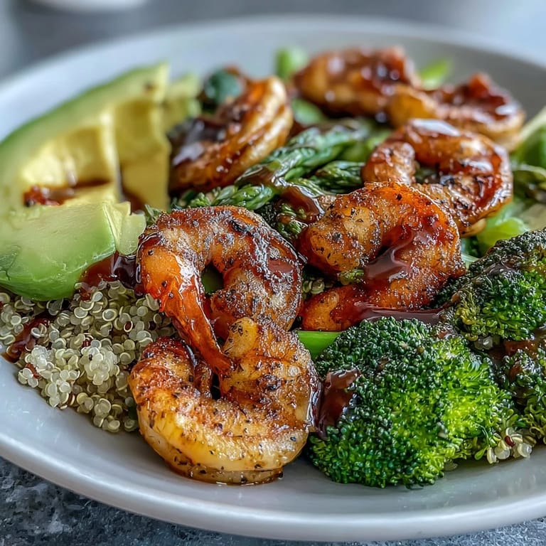 Healthy and colorful Rainbow Vegetable Detox Bowl with sautéed shrimp, crisp blanched vegetables, creamy avocado, and fluffy quinoa on a white plate.