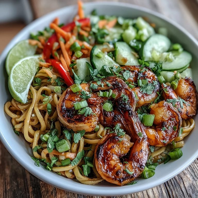 A vibrant 15-Minute Asian Noodle Bowl features juicy grilled shrimp, colorful vegetables, and zesty lime wedges ready for squeezing.