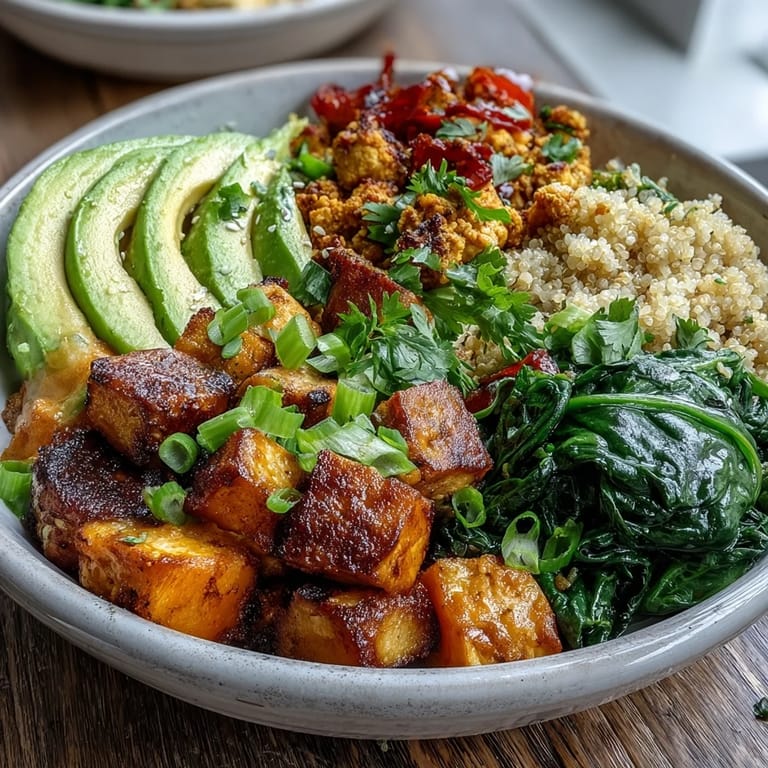 Savory tofu scramble vegan breakfast bowl with fluffy quinoa, sautéed spinach, and vibrant green onions.