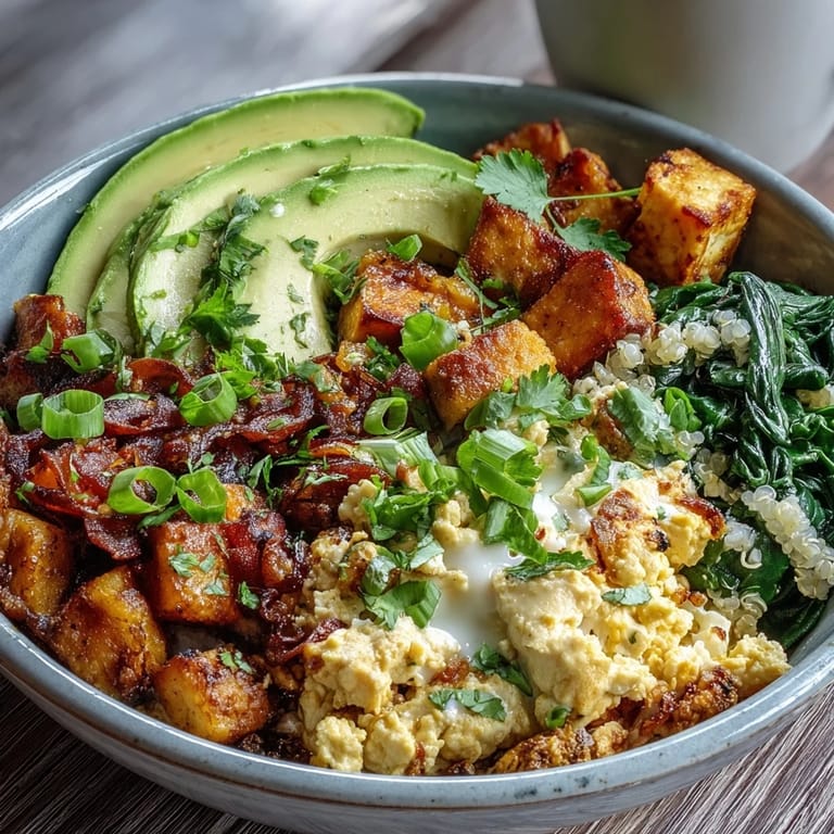 Hearty tofu scramble vegan breakfast bowl garnished with herbs and served warm in a rustic bowl.
