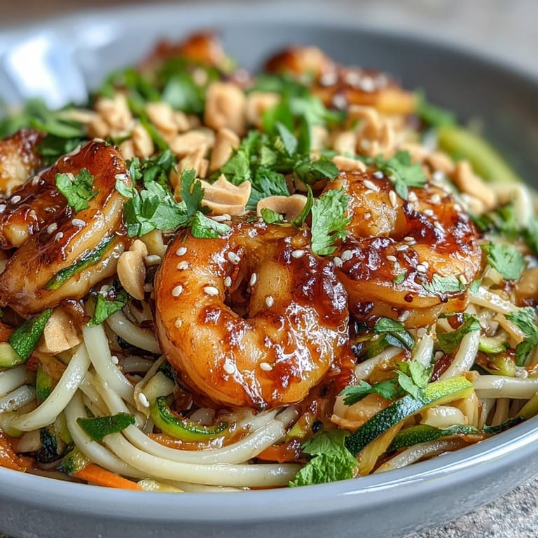 A close-up of an Asian Noodle Bowl featuring succulent shrimp, fresh vegetables, and a drizzle of lime, ready to be served for dinner.