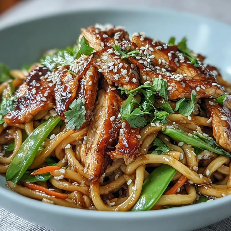 Overhead view of a steaming Sesame Chicken Noodle Bowl with lime wedges for brightness.