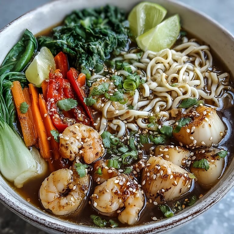Overhead view of an Asian Noodle Bowl with Shrimp and Scallops, featuring tender seafood, bok choy, and noodles in broth.