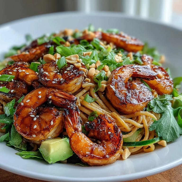 Close-up of an Asian-inspired Grilled Shrimp Asian Noodle Bowl with bean sprouts and lime wedges, served on a ceramic plate.