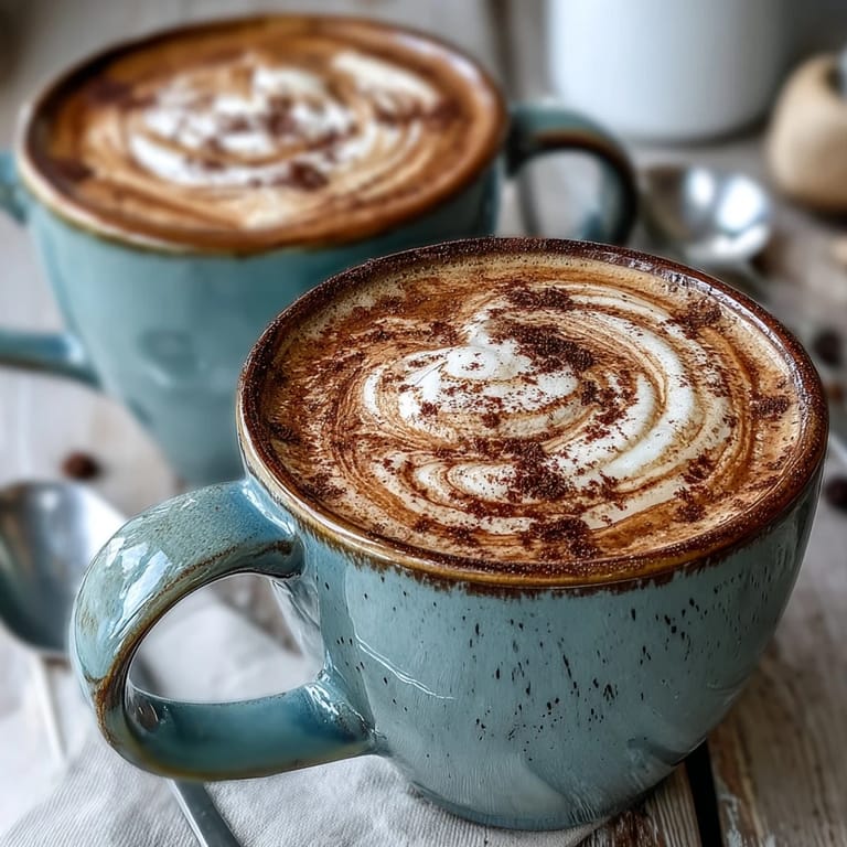 Two mugs of Hot Hojicha Latte topped with creamy froth and a light powder dusting.