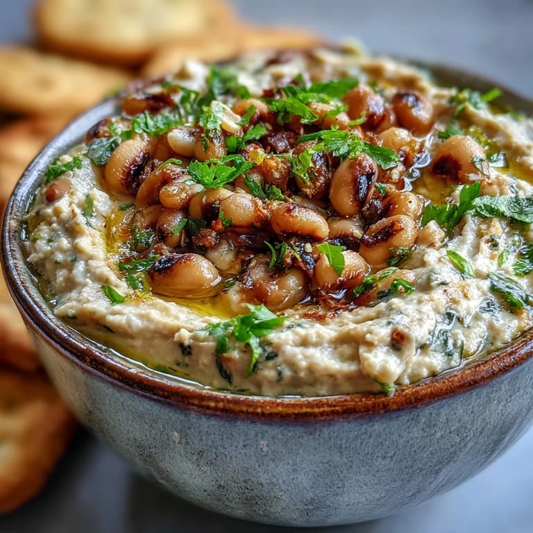 Hearty Smashed Black-Eyed Peas garnished with parsley and lemon zest, paired with colorful fresh vegetable crudités.
