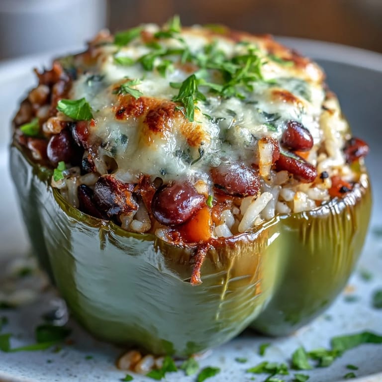 Vibrant red bell peppers stuffed with Black-Eyed Pea Stuffed Peppers, garnished with fresh parsley and melty cheese on top.