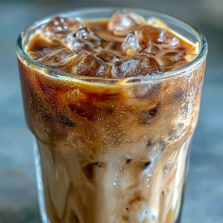 Two refreshing glasses of Iced Hojicha Latte topped with frothy milk and a sprinkle of hojicha powder.