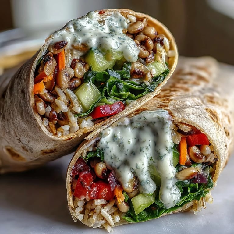 Freshly rolled Black-Eyed Pea Wraps with quinoa, crisp bell peppers, and cucumber served on a rustic plate.