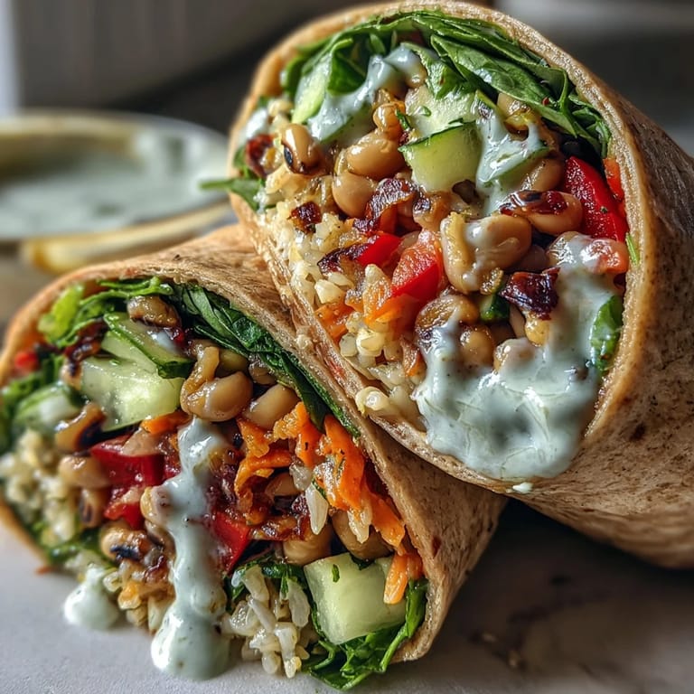 Close-up of a Black-Eyed Pea Wrap sliced in half, revealing layers of black-eyed peas and brown rice.