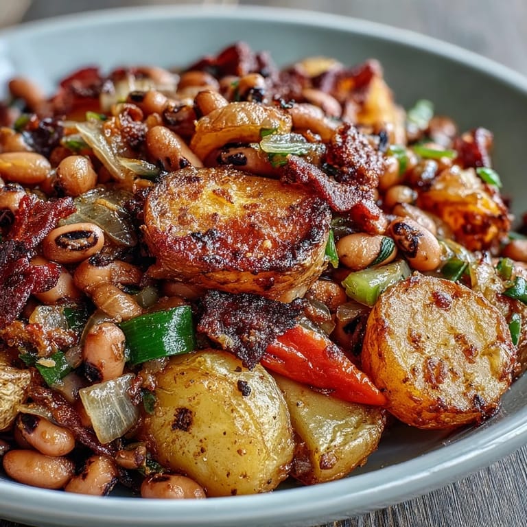 A savory skillet of Black-Eyed Pea Hash with diced Yukon Gold potatoes and peppers, ready to be served alongside fried eggs.