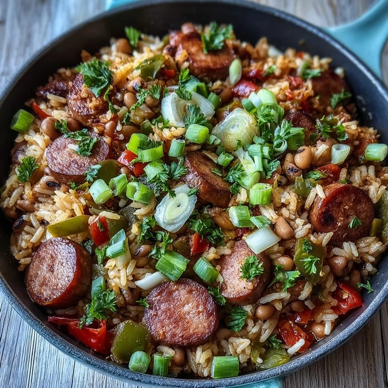 A hearty serving of Black-Eyed Pea Jambalaya garnished with fresh parsley and green onions.