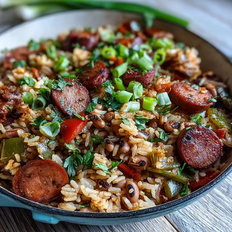Close-up of steaming Black-Eyed Pea Jambalaya showing tender rice, black-eyed peas, and bold spices.