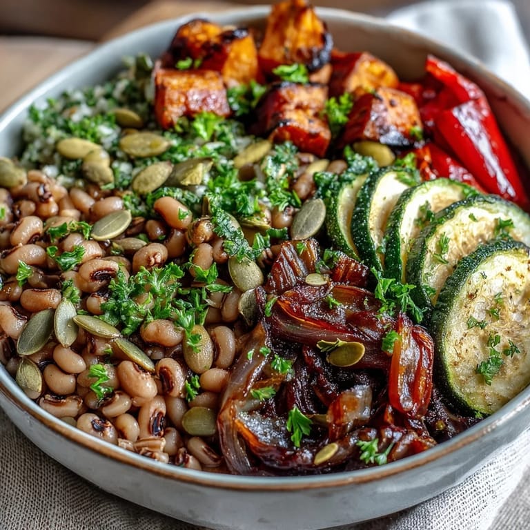 Close-up of a wholesome Black-Eyed Pea Grain Bowl with tender legumes, wild rice, and vibrant herbs, served with lemon wedges for brightness.
