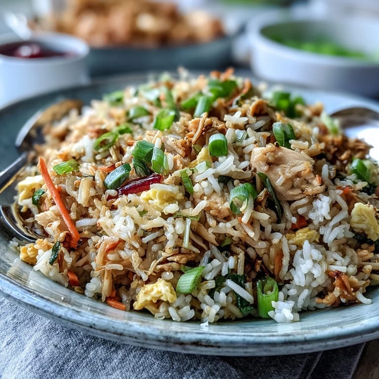 Serving of Egg Roll Fried Rice with jasmine rice, green onions, and sesame oil garnish.