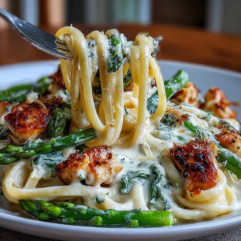 Freshly grated Asiago and Parmesan cheese melt into a rich sauce coating tender linguine with crispy roasted asparagus and juicy chicken pieces.