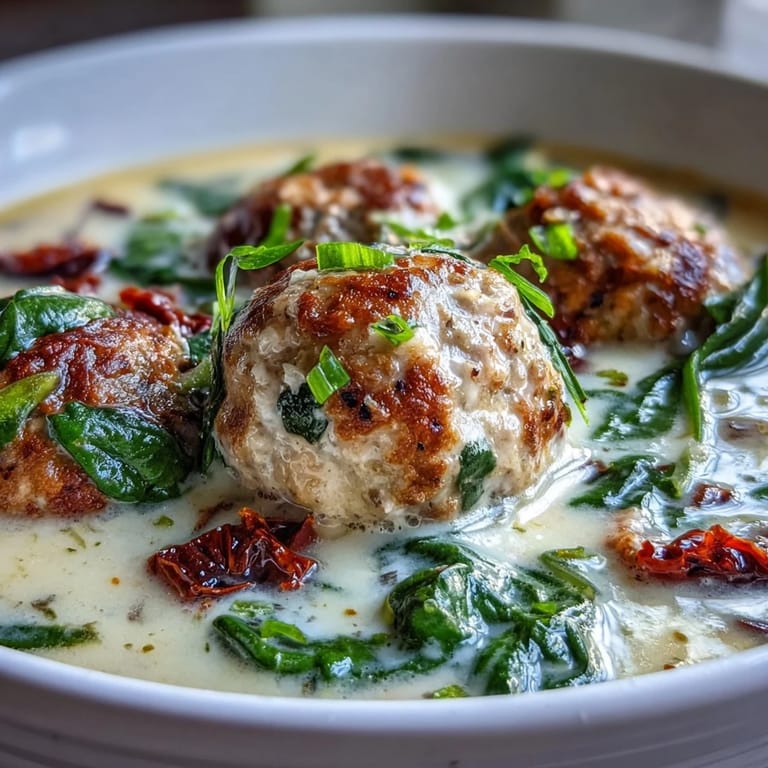 Creamy Tuscan Turkey Meatball Soup in a rustic bowl, featuring wilted spinach and vibrant sun-dried tomatoes for that signature Tuscan flavor.